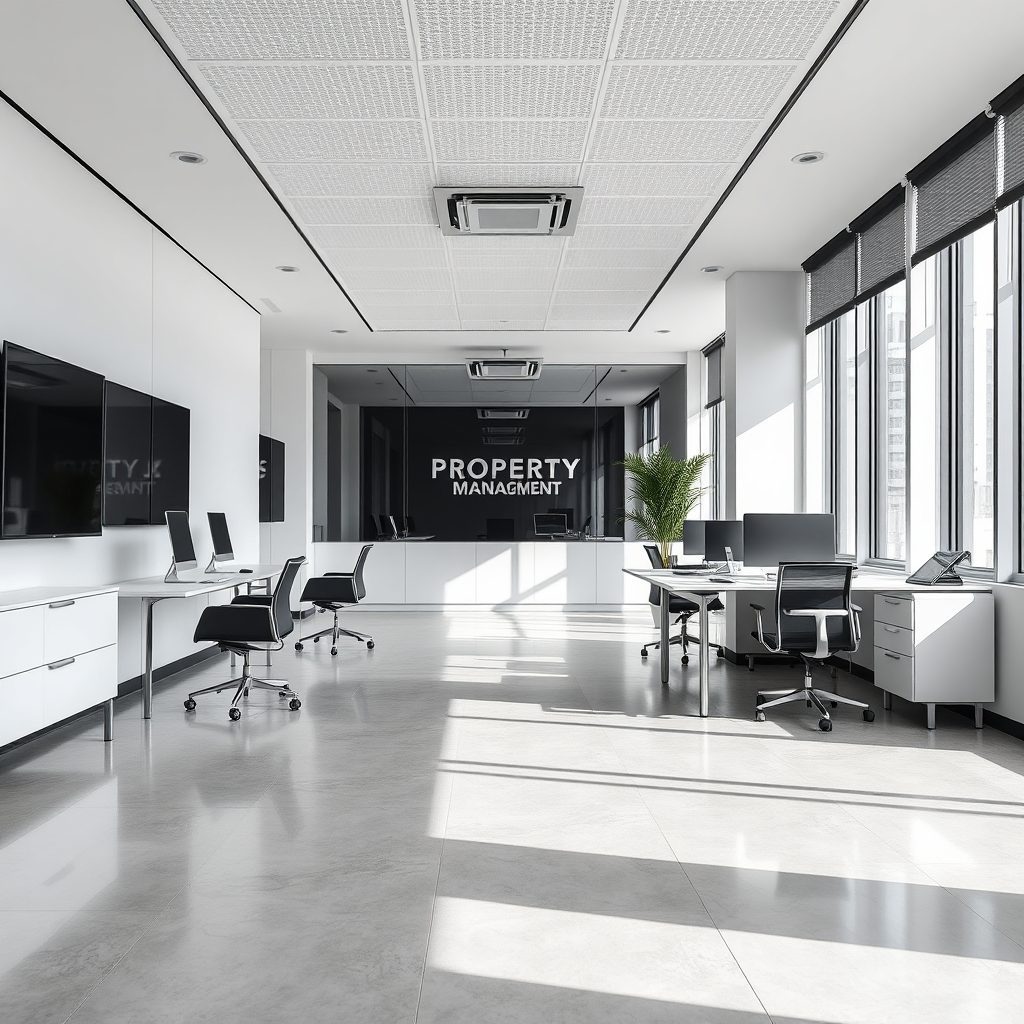 Modern office interior with polished quartz flooring