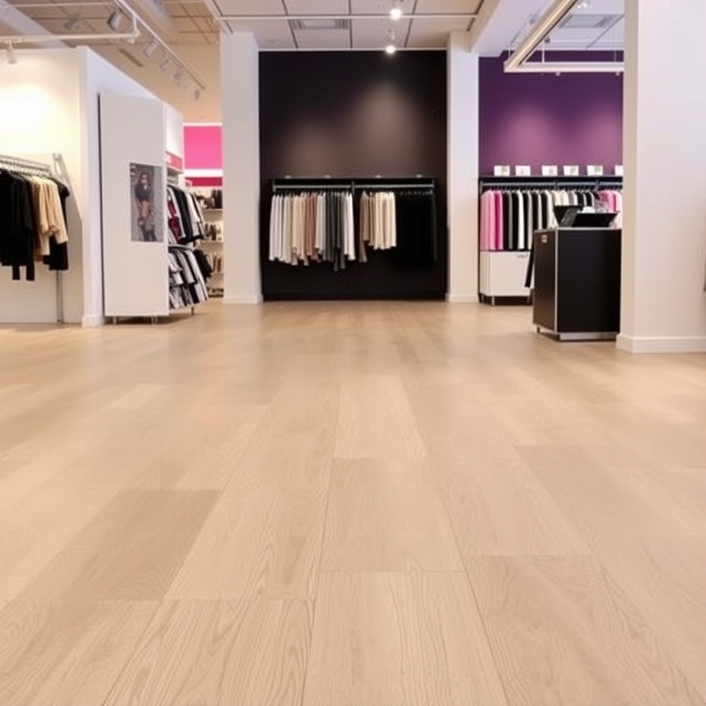 Retail showroom with luxury vinyl flooring beautifully installed, modern retail space with professional display lighting