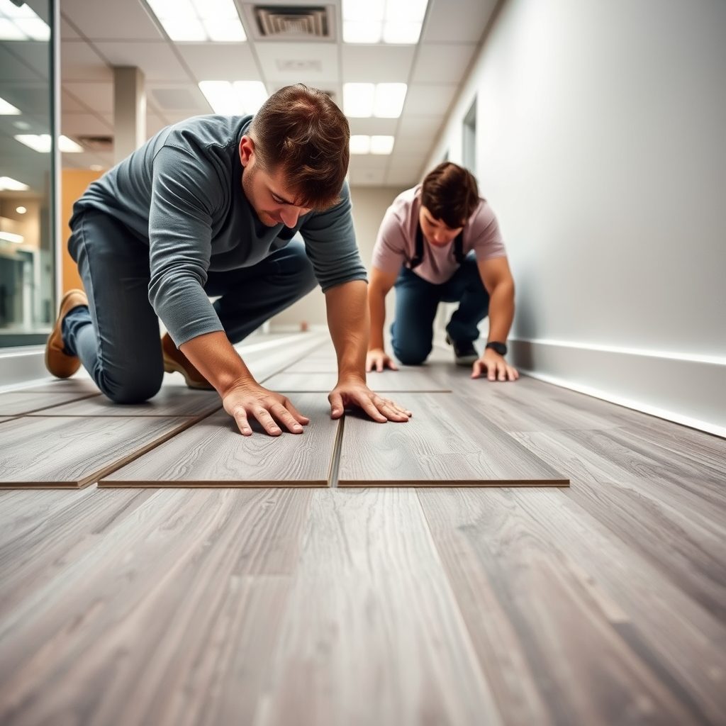 Flooring installation team laying luxury vinyl flooring with precision in a commercial space
